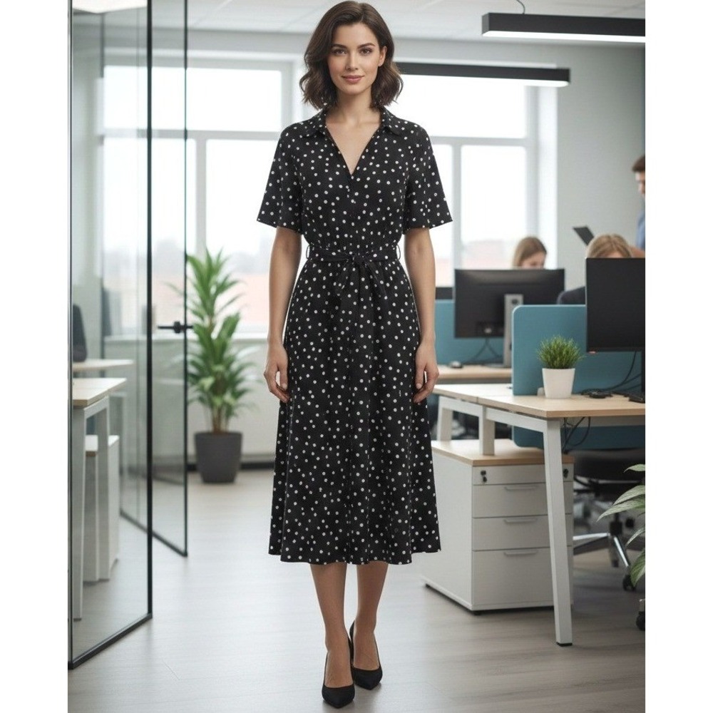 ASOS DESIGN Curve Midi Shirt Dress 14 Black Polka Dot Office Rockabilly‎ Retro